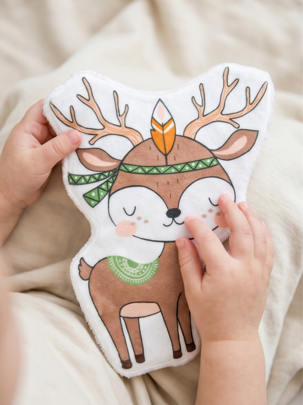 Mains d'un enfant tenant un grand coton lavable en forme de cerf indien ultra doux. Lingette réutilisable en éponge de bambou Oeko-Tex pour le soin du visage des bébés.