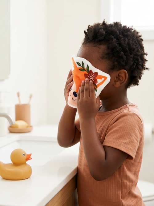 Petit garçon se lavant le visage en autonomie dans la salle de bain avec un coton réutilisable en forme de renard fleuri. Accessoire de toilette pour enfant inspiré de la méthode Montessori.