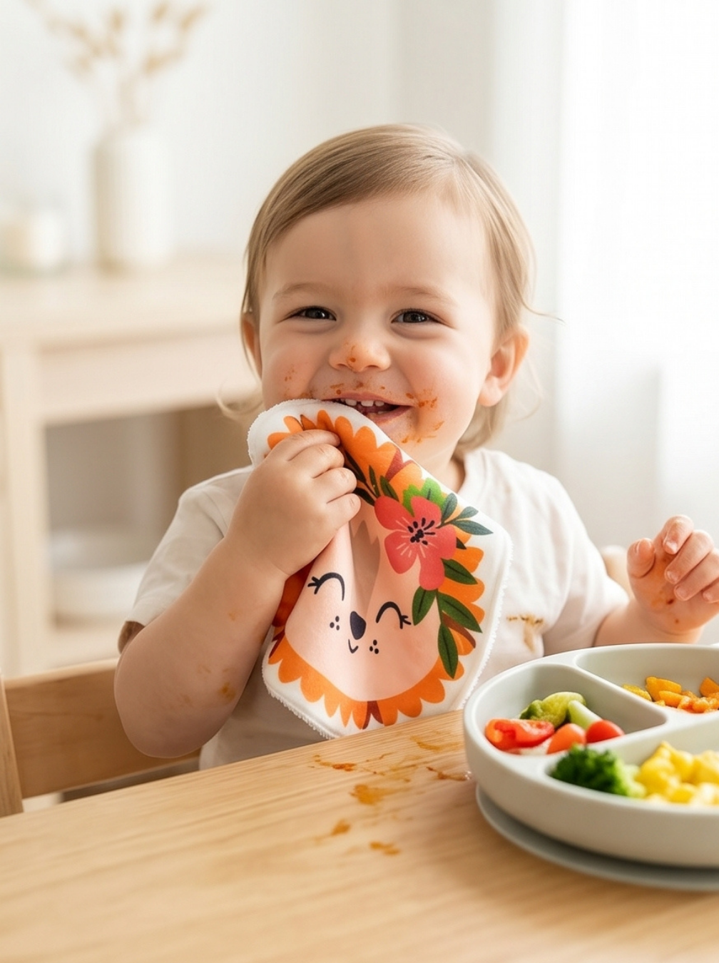 Débarbouillage de bébé après le repas avec un coton lavable en tissu éponge de bambou ultra doux. Alternative zéro déchet et écologique aux lingettes jetables.