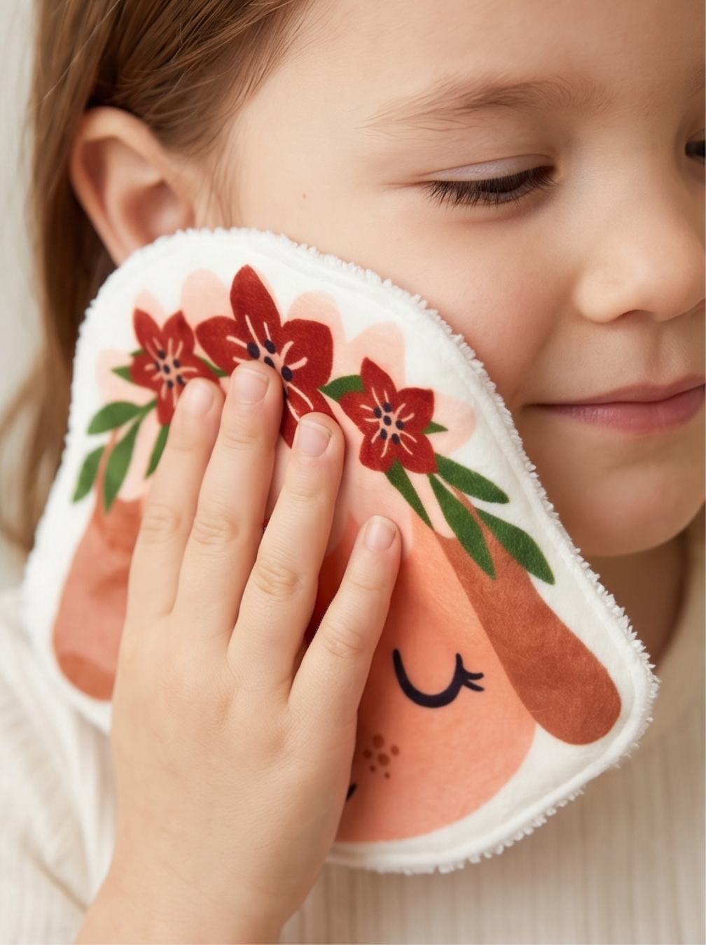 Petite fille qui utilise une lingette lavable grand format en forme de mouton pour le soin du visage. Coton lavable bébé en minky tout doux pour les peaux sensibles