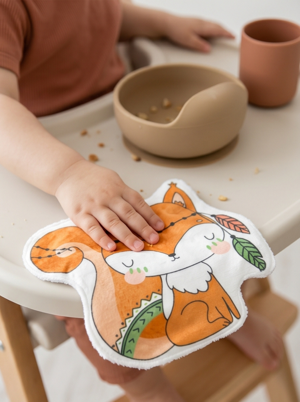 Débarbouillage de l'enfant sur une chaise haute avec un coton lavable animaux de la forêt. Alternative écologique et zéro déchet aux lingettes jetables après le repas.