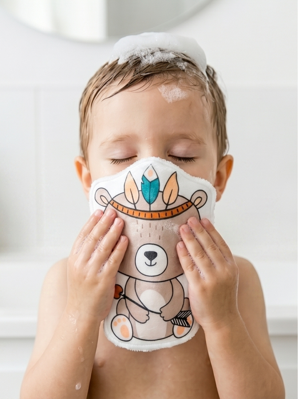 Enfant sortant du bain avec de la mousse sur les cheveux, s'essuyant le visage avec un coton lavable ours amérindien. Gant réutilisable en minky doux pour peaux sensibles.