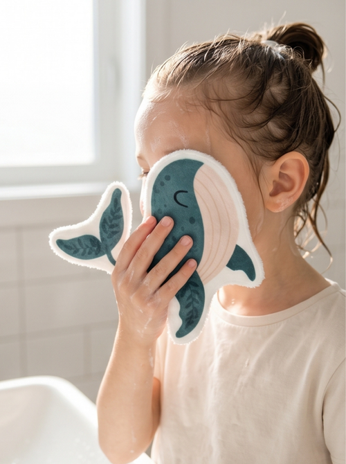 Petite fille se lavant les yeux et le visage avec un coton réutilisable en forme de baleine bleue. Accessoire de toilette pour enfant inspiré de la méthode Montessori pour l'apprentissage de l'autonomie.