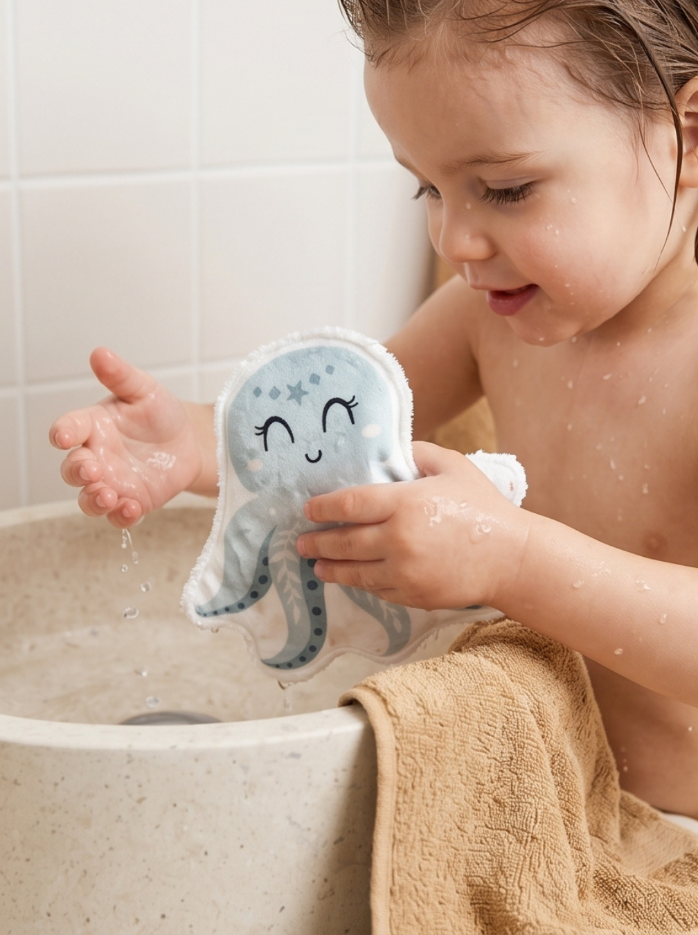 Enfant qui joue et se nettoie les mains au lavabo avec une lingette lavable en forme de pieuvre. Coton lavable bébé en éponge de bambou Oeko-Tex ultra doux pour la peau.
