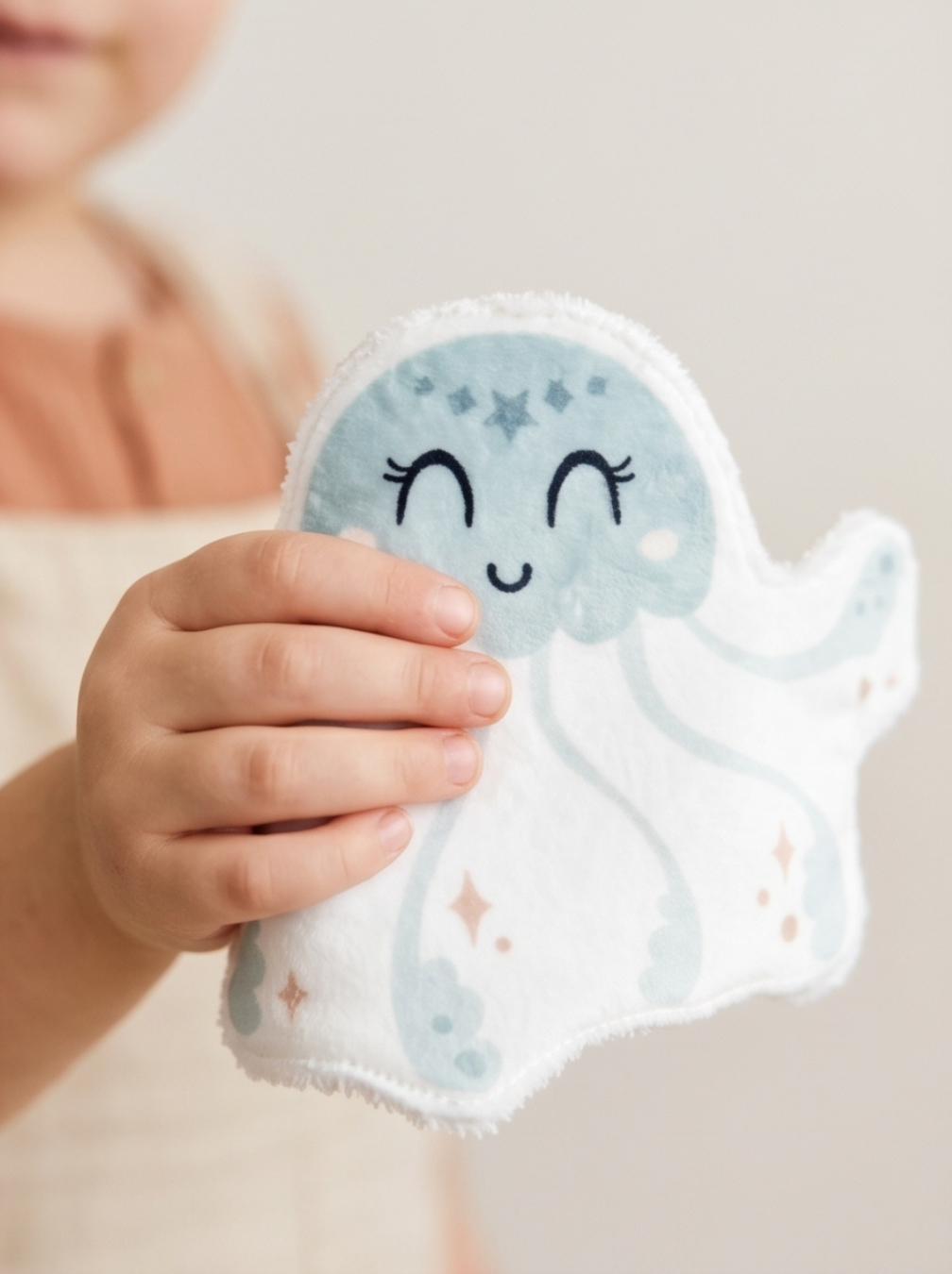 Main d'un enfant tenant un grand coton lavable en forme de méduse aux tons pastel. Lingette réutilisable écologique et zéro déchet pour la routine de soins des bébés.