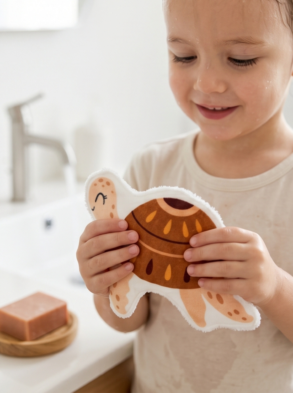 Enfant souriant dans la salle de bain tenant un coton lavable tortue de l'Atelier Liaminou. Idée de cadeau de naissance écoresponsable et durable fabriqué en France.
