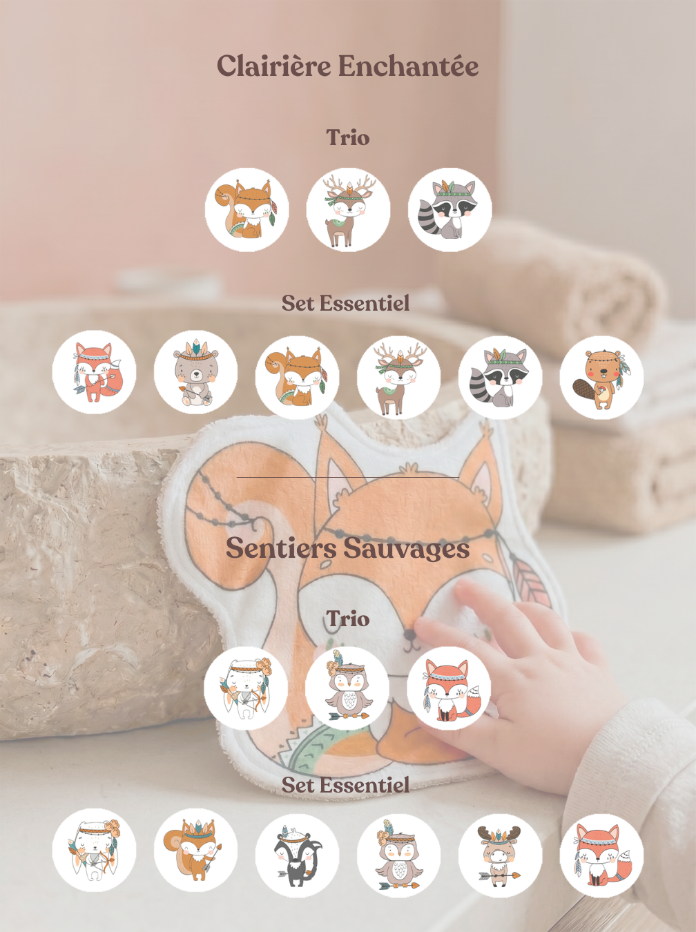 Présentation de la collection de cotons lavables animaux Clairière Enchantée. Guide des visuels pour commander des lots de 3 ou 6 lingettes lavables bébé.