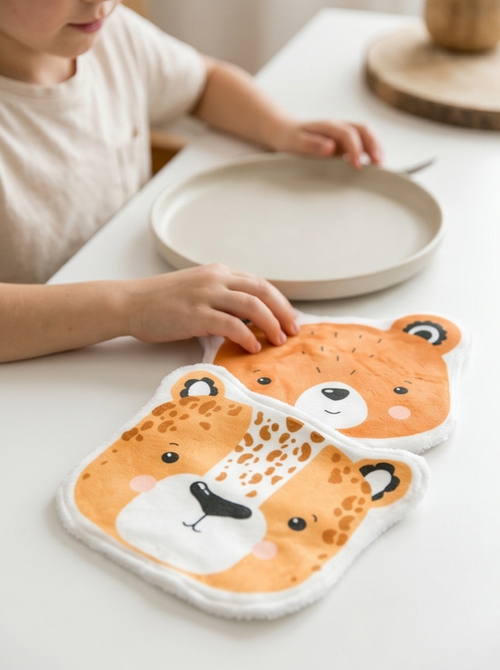 Deux cotons réutilisables en forme d'animaux disposés sur une table en bois à côté d'une assiette. Accessoire de toilette ludique pour développer l'autonomie des enfants à table.