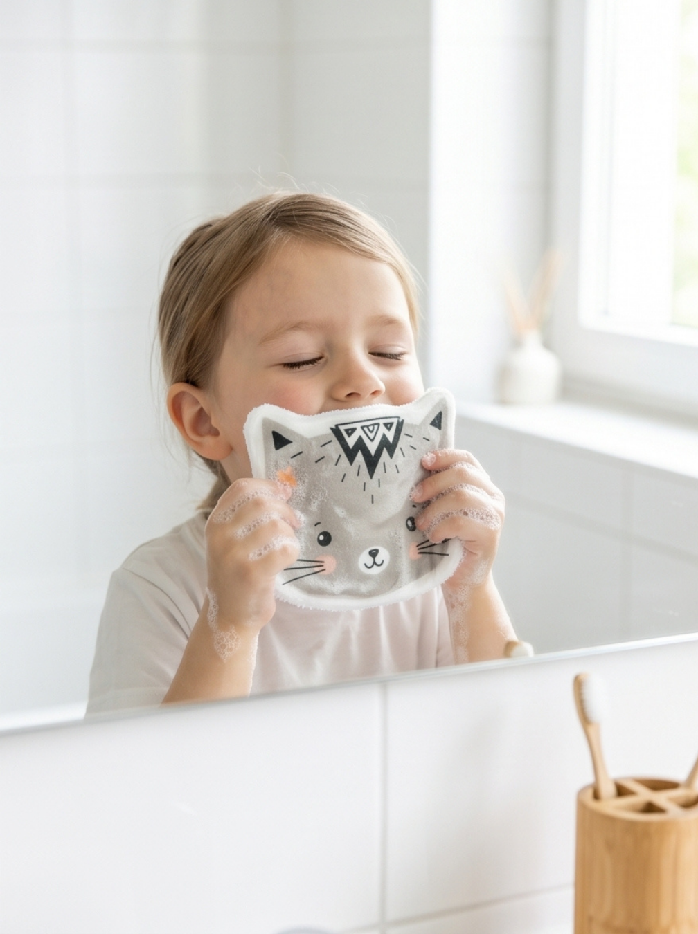 Petite fille qui se nettoie délicatement le visage devant le miroir de la salle de bain avec une lingette lavable animaux ultra douce. Routine de toilette enfant inspirée de la méthode Montessori.
