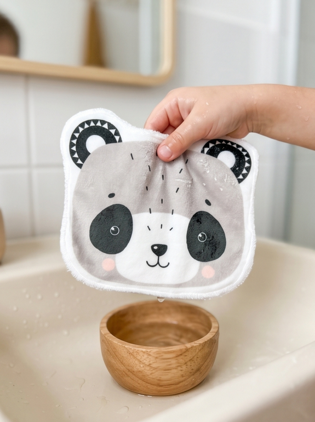 Main tenant un coton lavable panda au-dessus d'un bol en bois dans la salle de bain. Lingette réutilisable en minky Oeko-Tex pour la toilette de bébé et des peaux sensibles.