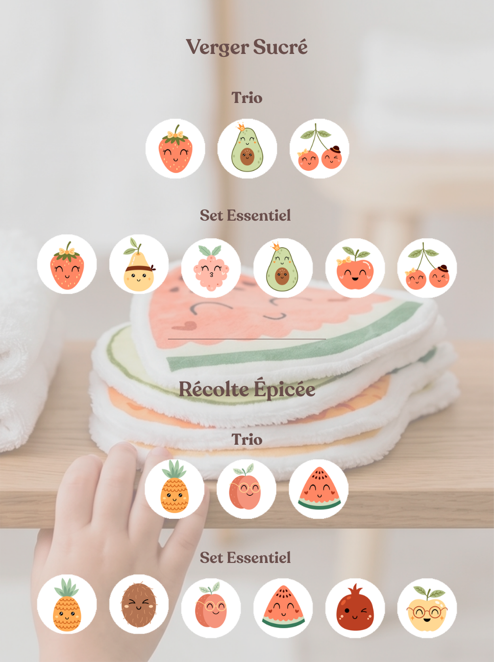 Guide des collections de cotons lavables en forme d'animaux. Présentation des lots de 3 et 6 lingettes réutilisables pour bébé et enfant.
