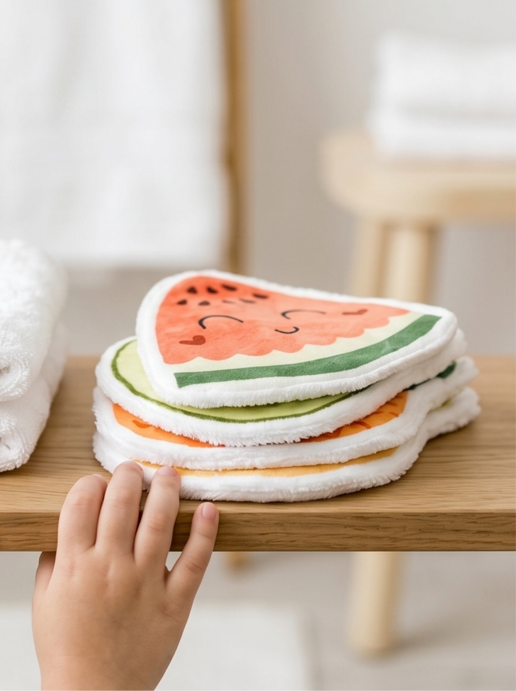 Cotons lavables bébé en forme d'animaux empilés sur une étagère en bois. Lingettes lavables réutilisables artisanales et écologiques pour la toilette.