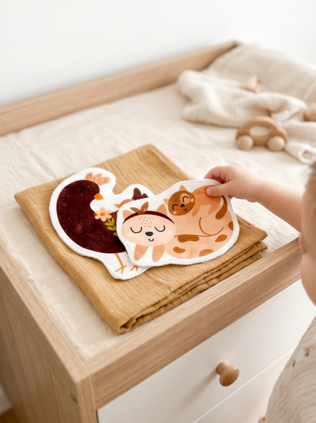 Coton réutilisable en forme de faon posé sur un lange sur une table à langer en bois. Accessoire de toilette bébé et soin du corps écologique et zéro déchet.