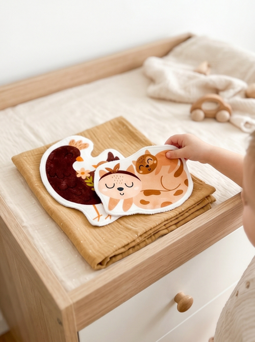 Coton réutilisable en forme de faon posé sur un lange sur une table à langer en bois. Accessoire de toilette bébé et soin du corps écologique et zéro déchet.