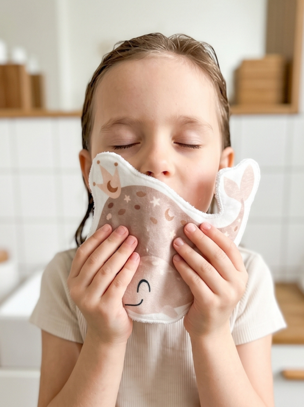 Petite fille se lavant le visage avec un grand coton lavable en forme de baleine doux devant le miroir. Routine de toilette pour enfant inspirée de la méthode Montessori.