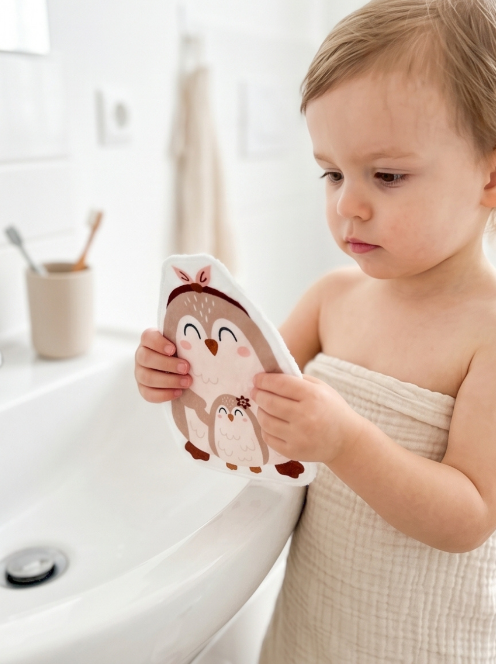 Enfant dans la salle de bain tenant une lingette lavable en forme de pingouin rigolo. Coton lavable bébé en éponge de bambou Oeko-Tex doux pour l'apprentissage de l'autonomie.