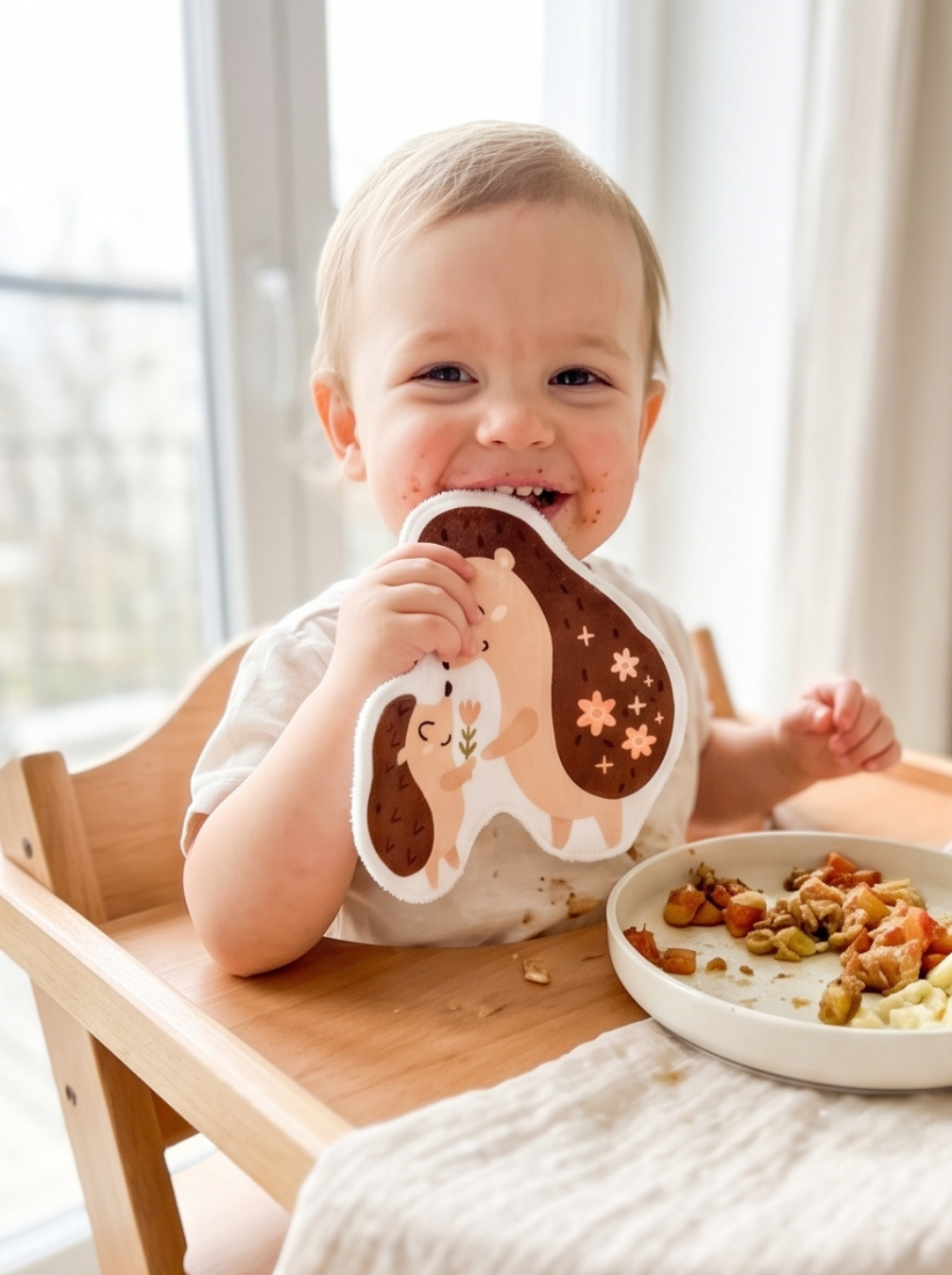 Bébé souriant sur sa chaise haute en bois, se débarbouillant avec un coton lavable en forme de hérisson. Idée de cadeau de naissance écoresponsable fabriqué en France.