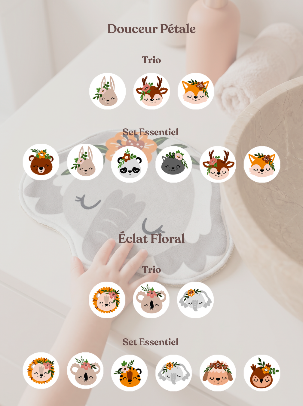 Présentation de la collection de cotons lavables animaux. Guide visuel pour l'achat de lots de 3 et 6 lingettes réutilisables pour bébé.