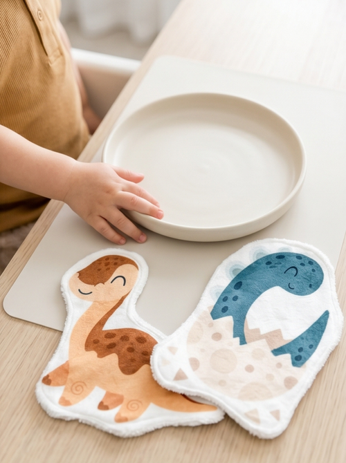 Deux grands cotons lavables bébé en forme de dinosaures posés sur une table à côté d'une assiette. Lingette lavable réutilisable artisanale pour débarbouiller les enfants après le repas.