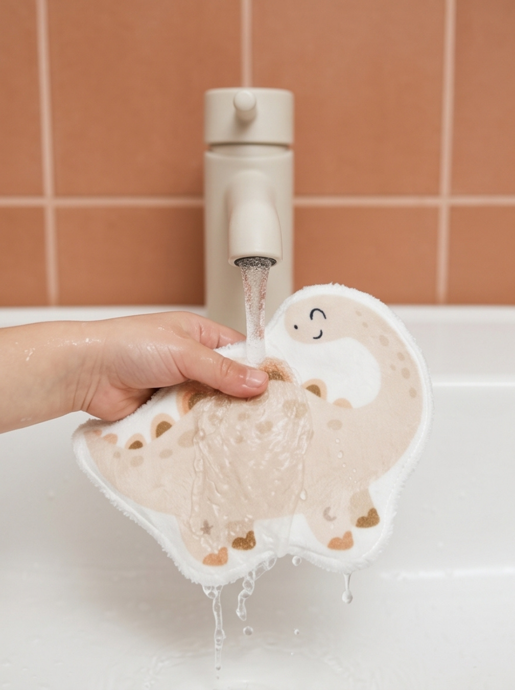 Main passant un grand coton lavable dinosaure sous l'eau du robinet de la salle de bain. Lingette réutilisable en éponge de bambou Oeko-Tex pour la toilette de bébé.