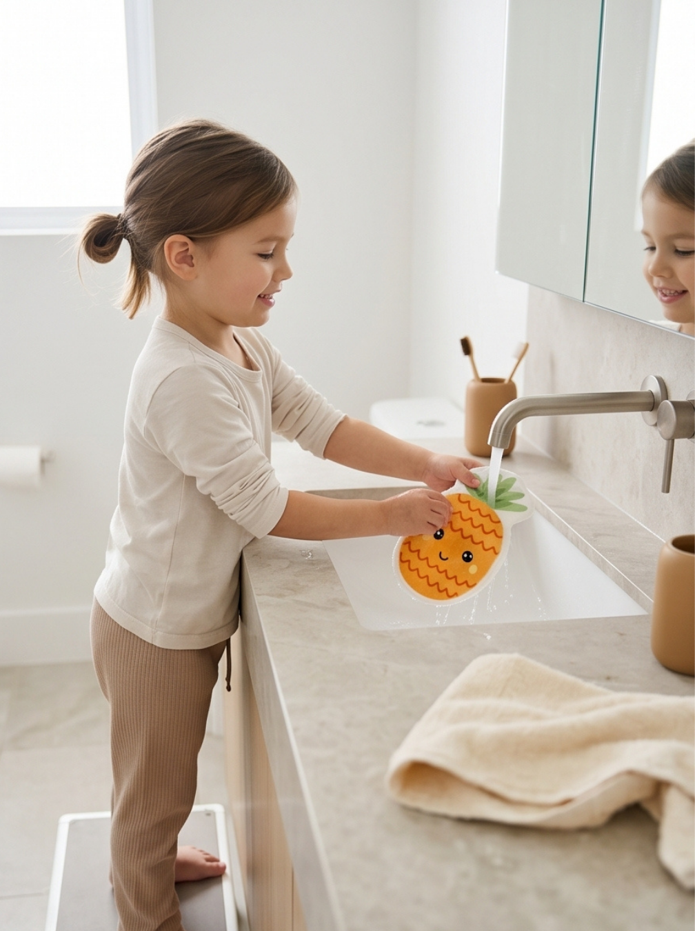 Enfant qui se lave le visage en autonomie au lavabo avec un coton lavable en éponge de bambou Oeko-Tex. Accessoire toilette bébé Montessori.