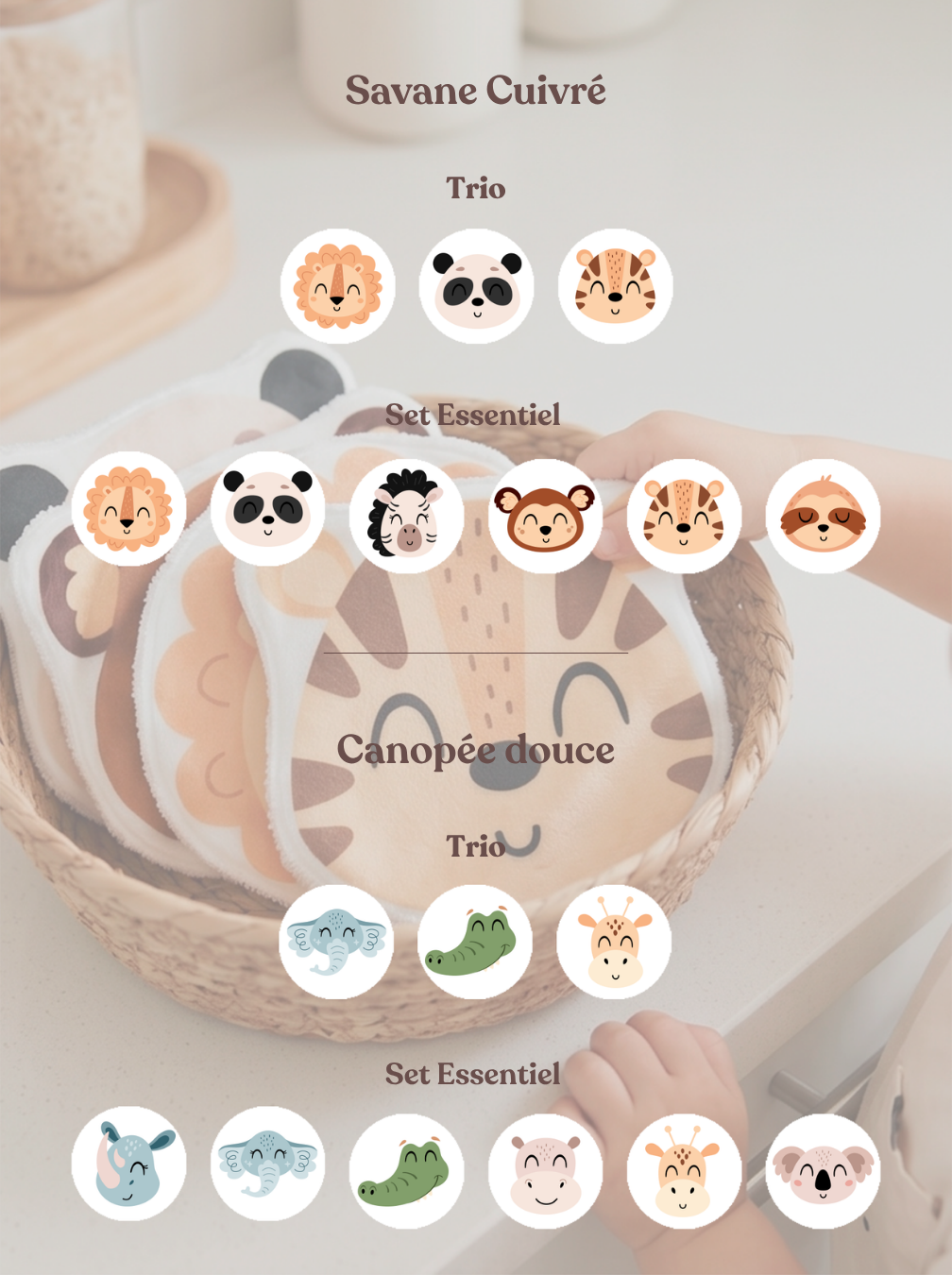 Présentation de la collection de cotons lavables animaux Savane Cuivré. Guide visuel des motifs pour commander ses lots de 3 et 6 lingettes réutilisables pour bébé.