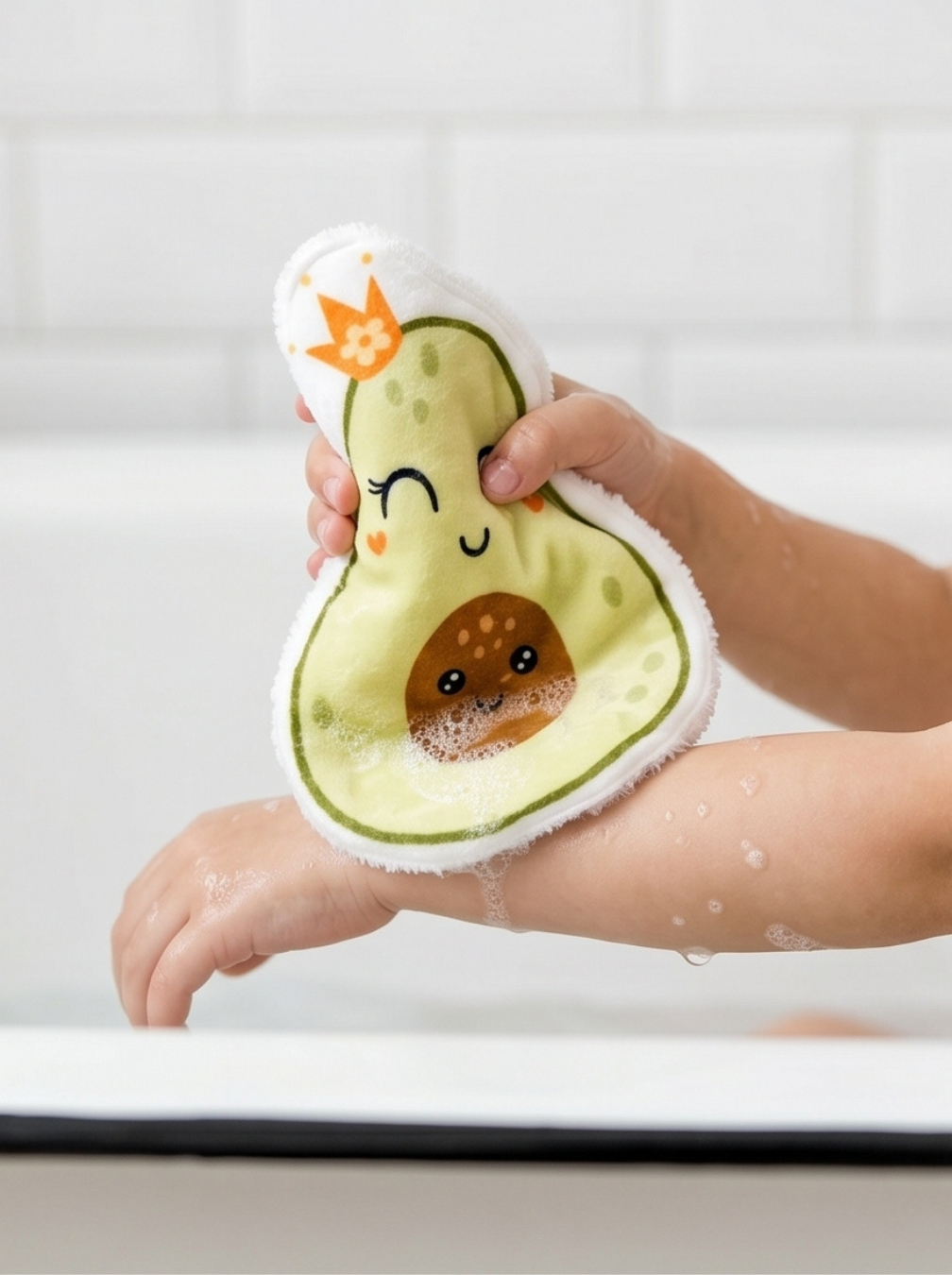 Toilette de bébé dans le bain avec une lingette lavable en forme d'animal rigolo. Coton réutilisable ultra doux en minky pour la peau des nouveau-nés.
