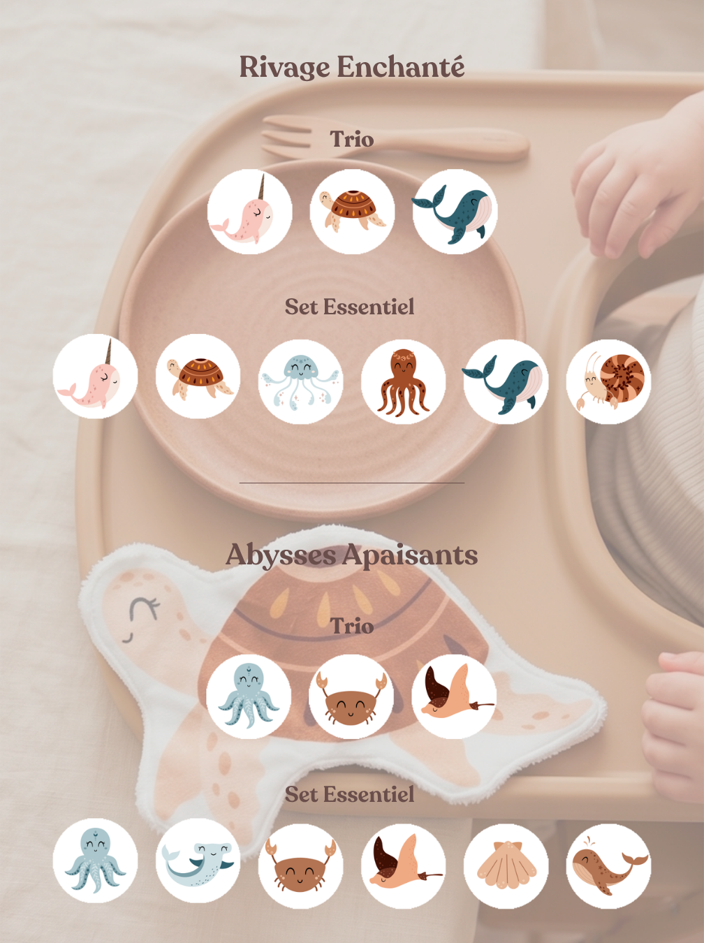 Présentation de la collection de cotons lavables animaux marins de Maison Liaminou. Guide visuel pour l'achat de lots de 3 et 6 lingettes lavables réutilisables pour bébé.