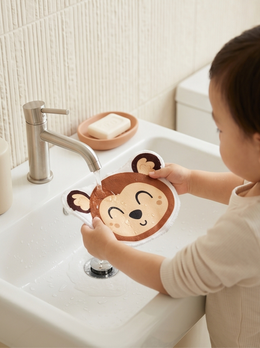 Petite fille passant son coton lavable en forme de singe sous l'eau du robinet. Lingette réutilisable en éponge de bambou Oeko-Tex pour l'apprentissage de l'autonomie selon la méthode Montessori.