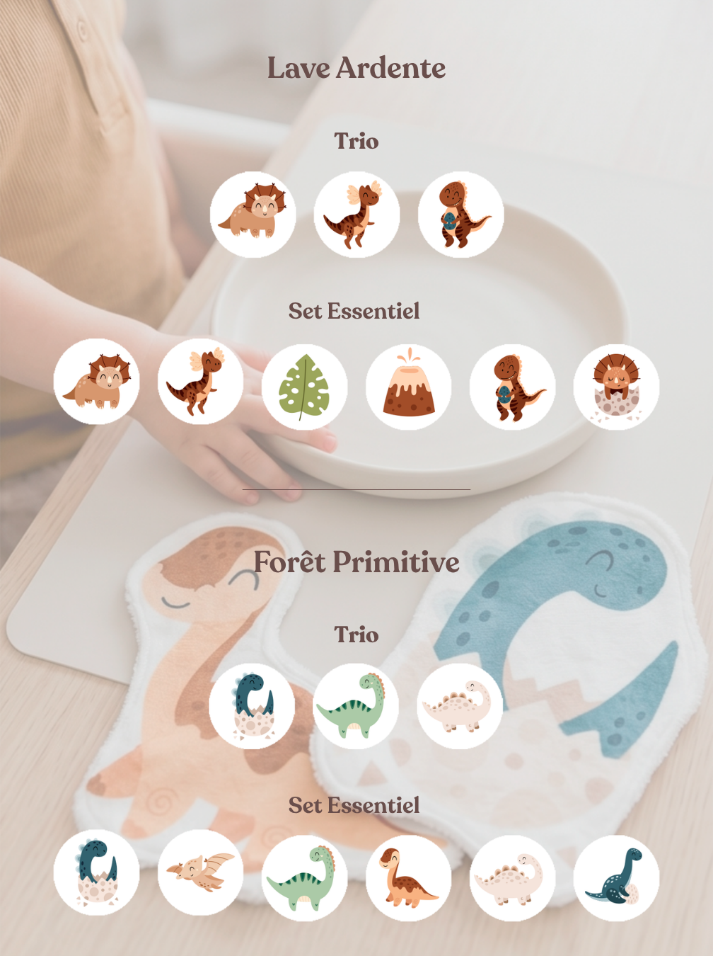 Présentation de la collection de cotons lavables animaux dinosaures. Guide visuel des lots de 3 et 6 lingettes lavables réutilisables pour le soin et l'autonomie des bébés.