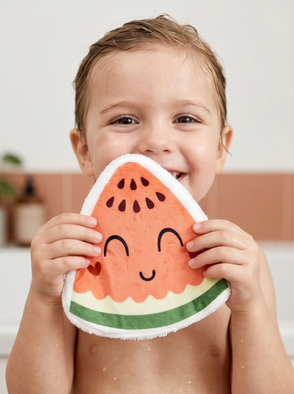 Enfant souriant utilisant un coton lavable fruit de l'Atelier Liaminou pour le soin du visage. Idée de cadeau de naissance artisanal français.