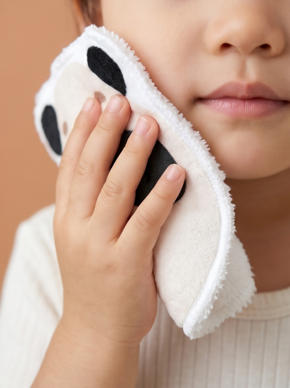 Enfant utilisant une grande lingette lavable panda de Maison Liaminou pour se nettoyer délicatement le visage. Coton lavable bébé en tissu minky ultra doux pour peaux sensibles.