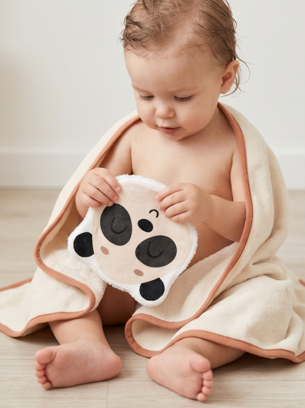 Bébé assis à la sortie du bain dans sa serviette, tenant un coton lavable en forme de panda. Idée de cadeau de naissance écoresponsable, haut de gamme et fabriqué en France.