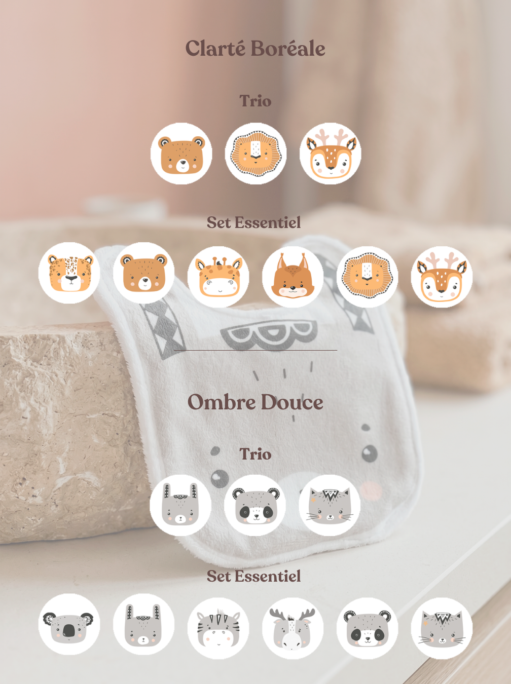 Présentation de la collection de cotons lavables animaux. Guide visuel des lots de 3 et 6 lingettes lavables bébé de Maison Liaminou pour les cadeaux de naissance.