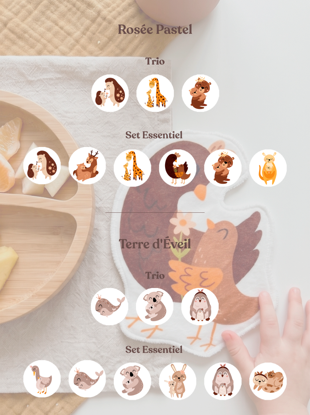 Présentation de la collection de cotons lavables animaux Rosée Matinale. Guide visuel des formats pour l'achat de lots de 3 et 6 lingettes lavables réutilisables de l'Atelier Liaminou.